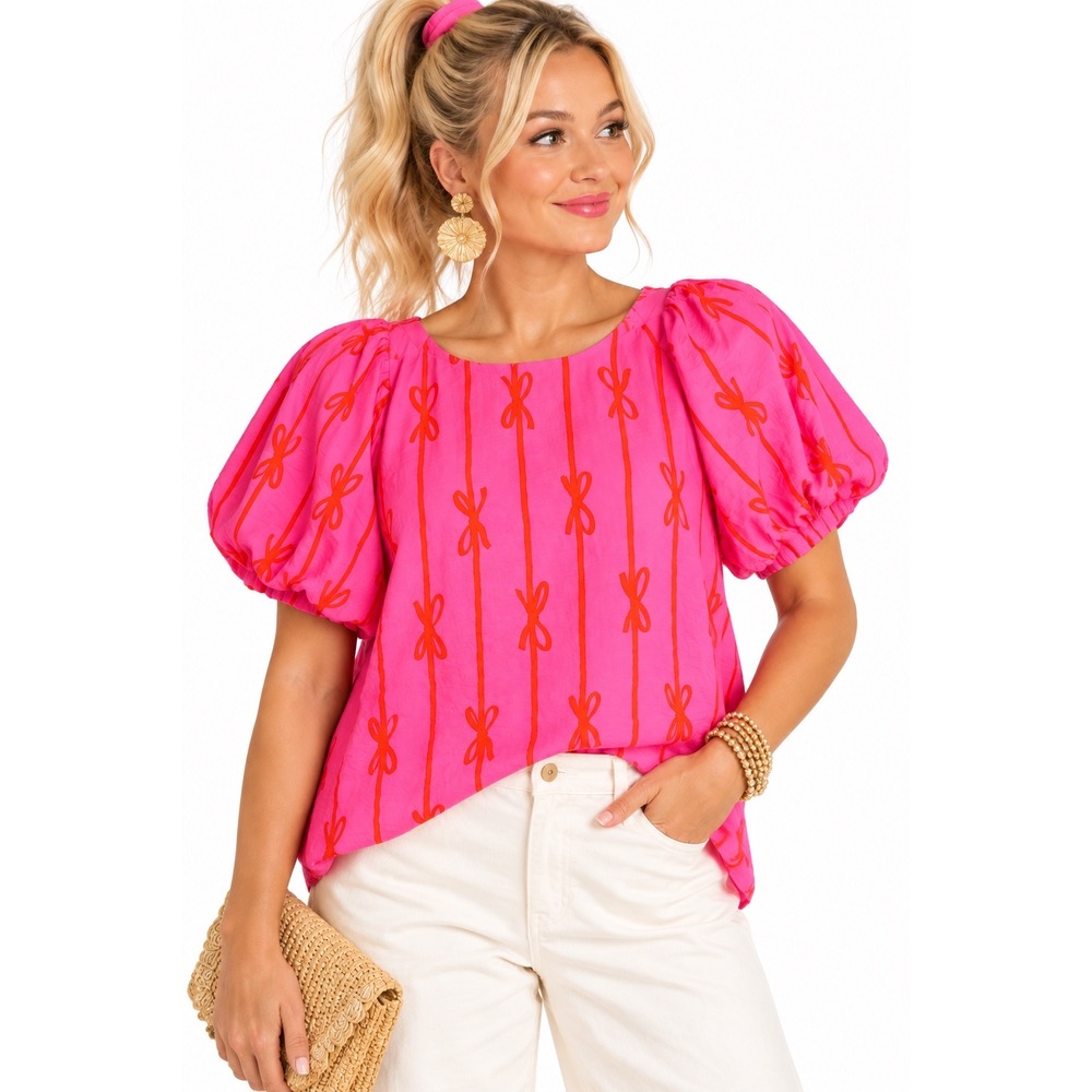Umgee USA Pink Orange Bow Print Puff Sleeve Top M Dopamine Barbiecore Preppy